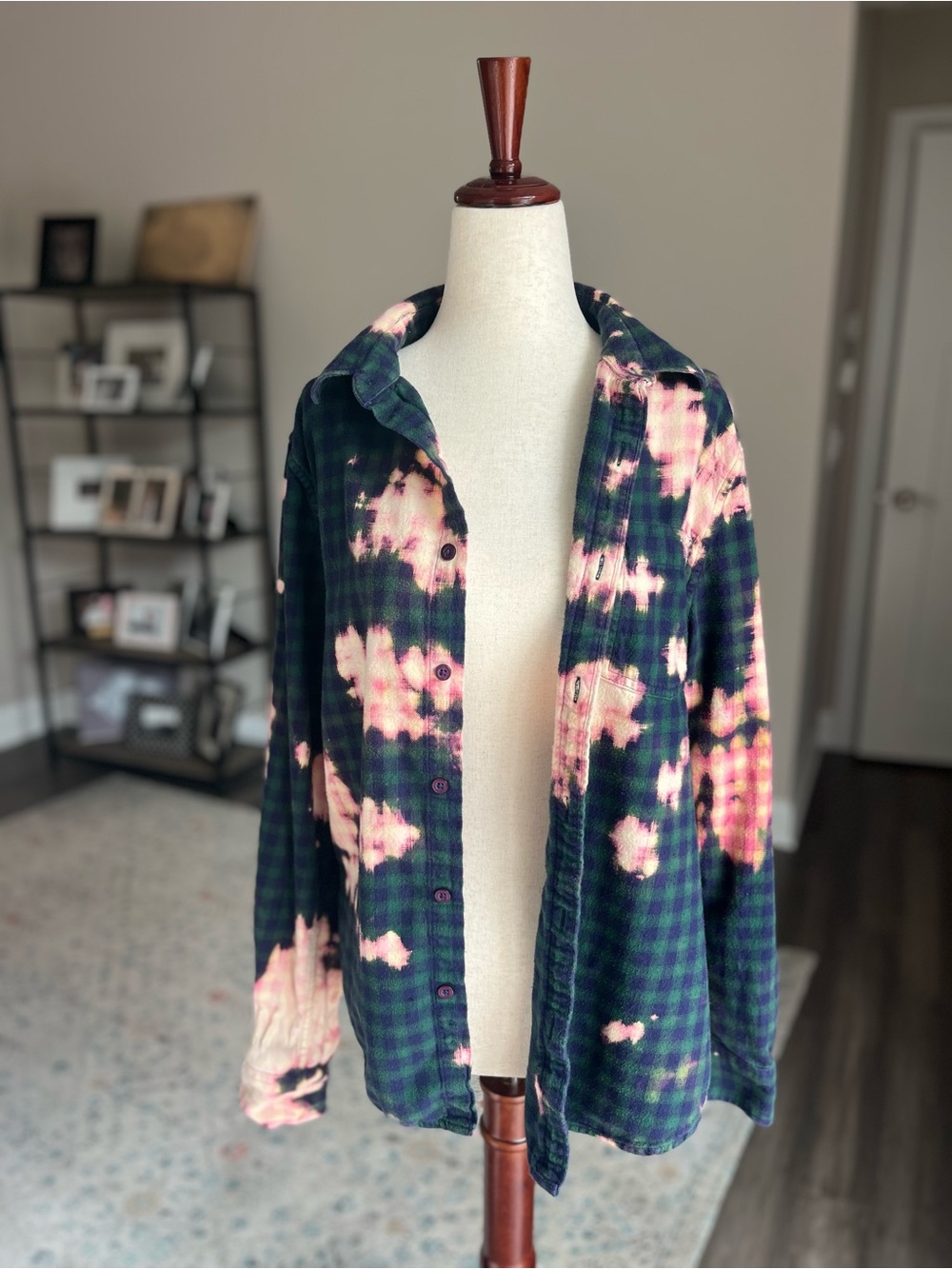 Flannel Plaid Shirt with Pink Bleach Tie Dye Accent